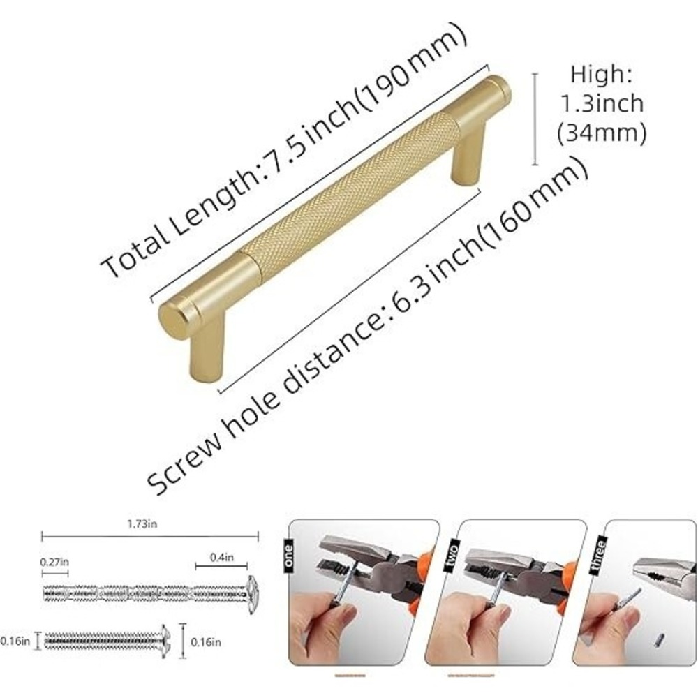 5 Pack Knurled Cabinet Pulls Gold Kitchen Handles 7.5in Length 6.3in Hole Center